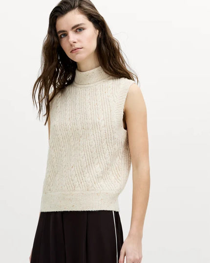 Charlene Ecru Cable Knit Mock Neck Vest