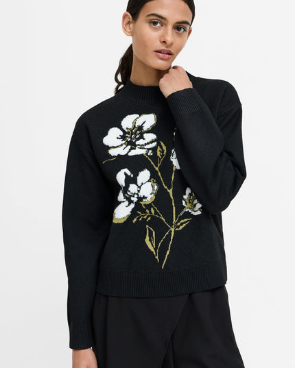 Oriana Recycled Black Floral Jacquard Mock Neck Jumper