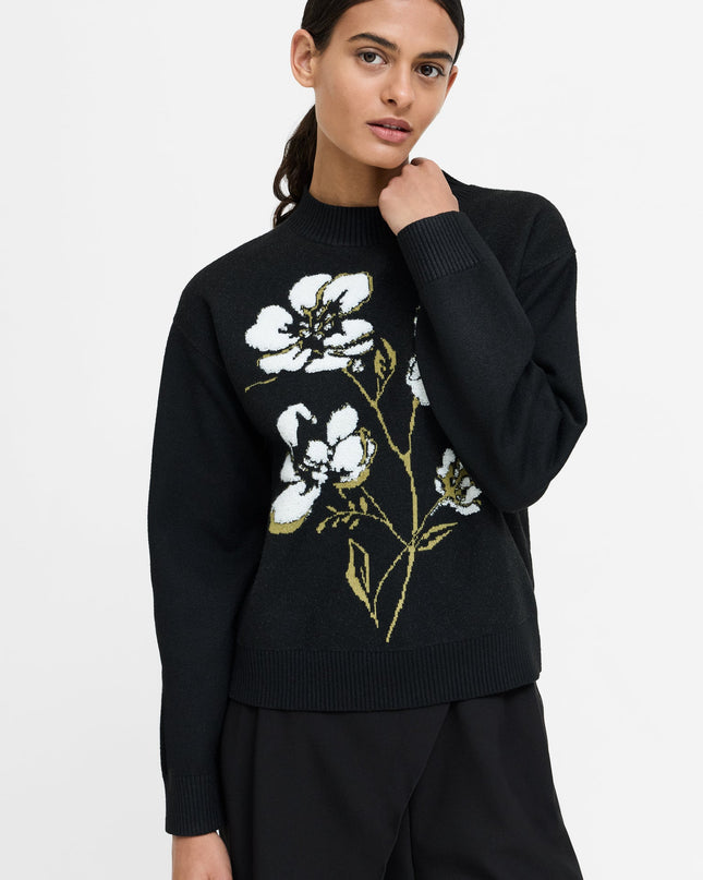 Oriana Recycled Black Floral Jacquard Mock Neck Jumper