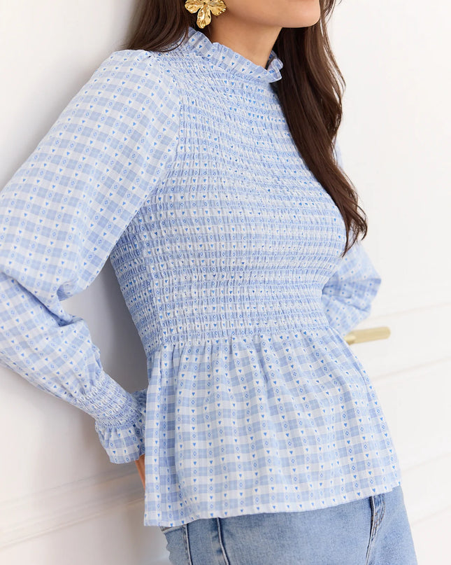 Margot Smocked Geometric Blouse - Blue