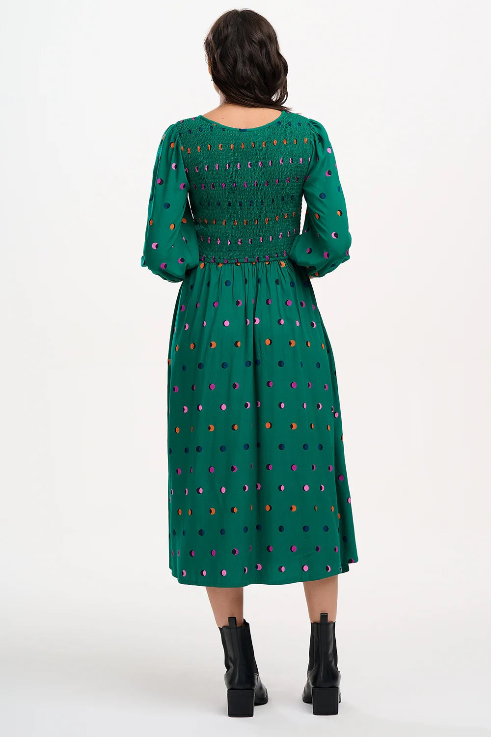 Sugarhill Brighton - Gretel Shirred Midi Dress - Green, Rainbow Shadow Polka