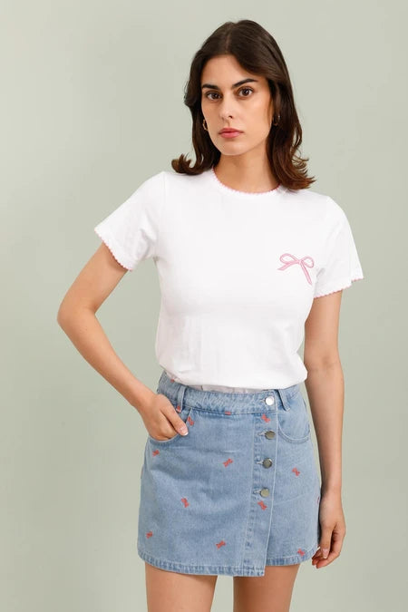 Lila Bow Embroidered Tee - White/Pink