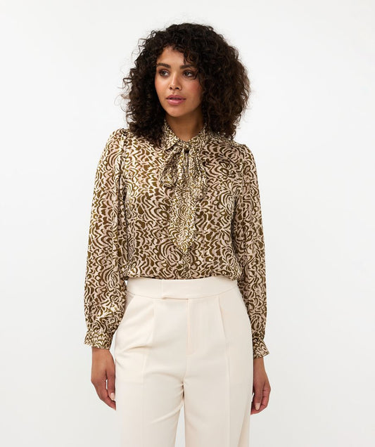 EsQualo - Tie Neck Dimension Print Blouse