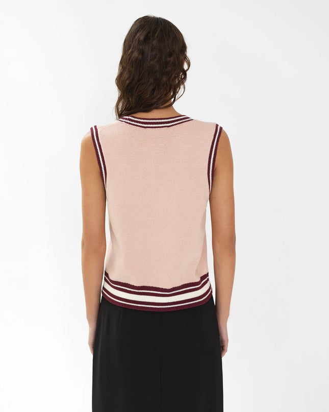 Junie Knit Button Through Vest - Berry Red/Powder Pink