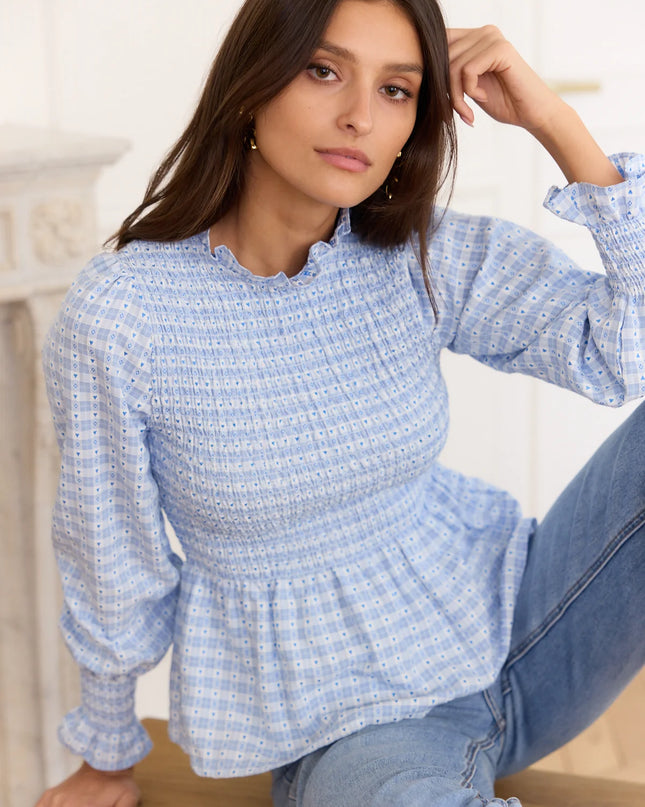 Margot Smocked Geometric Blouse - Blue
