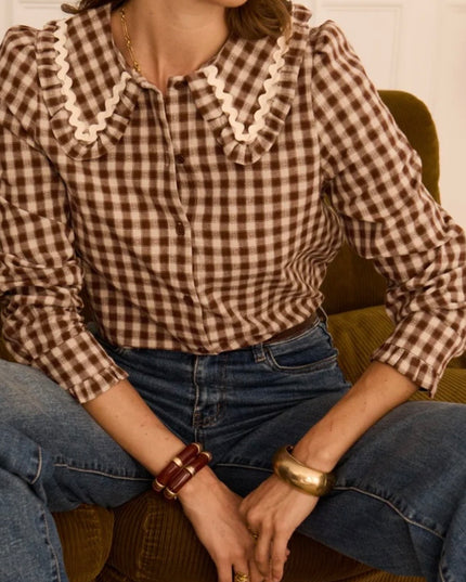 Camille Gingham Collared Blouse - Brown