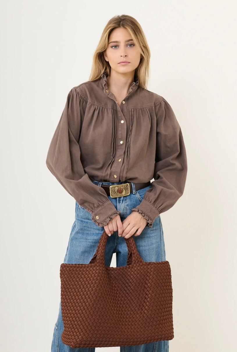 Ruffled Collar Denim Shirt - Coffee