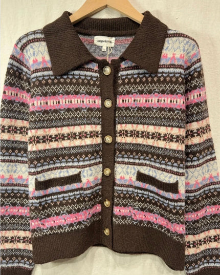 Susannah Jaquard Knit Polo Collared Cardigan - Brown
