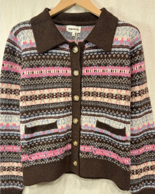 Susannah Jaquard Knit Polo Collared Cardigan - Brown