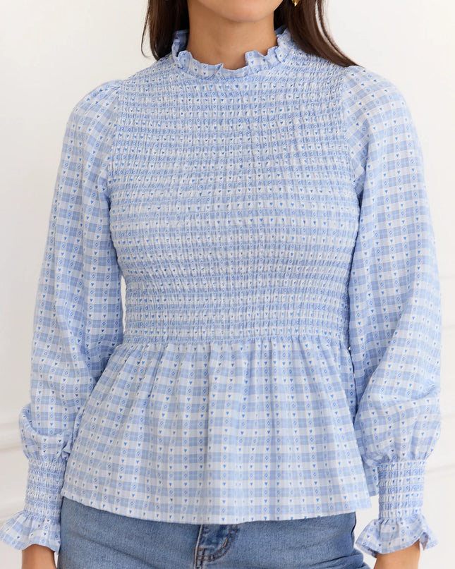 Margot Smocked Geometric Blouse - Blue