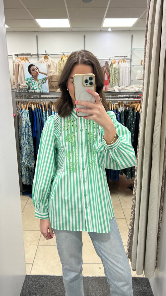 EsQualo Striped Embroidered Blouse - Off White/Green