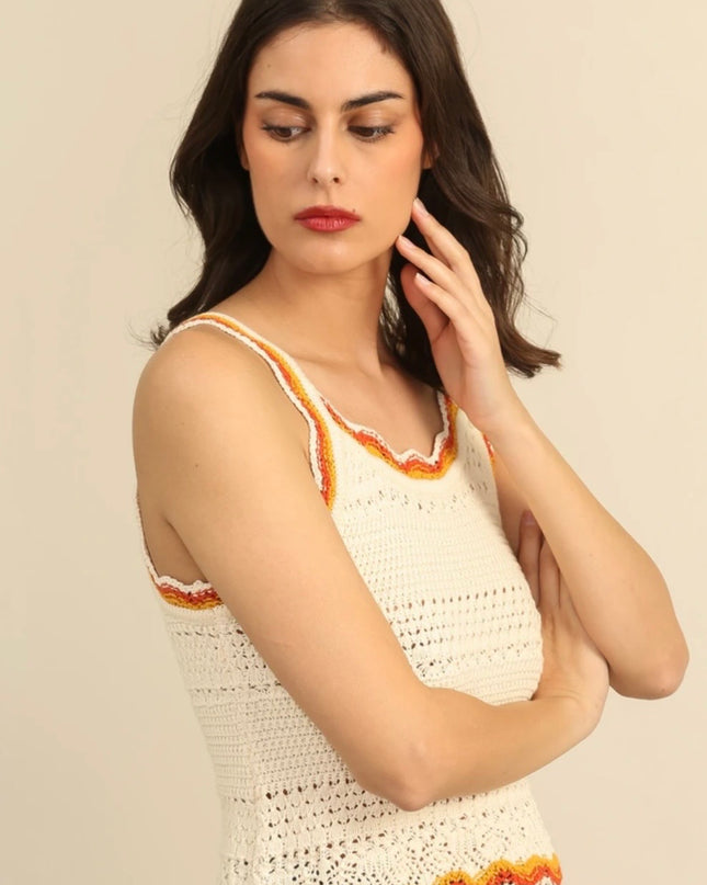 Savannah Scallop Trim Crochet Tank Top - Beige
