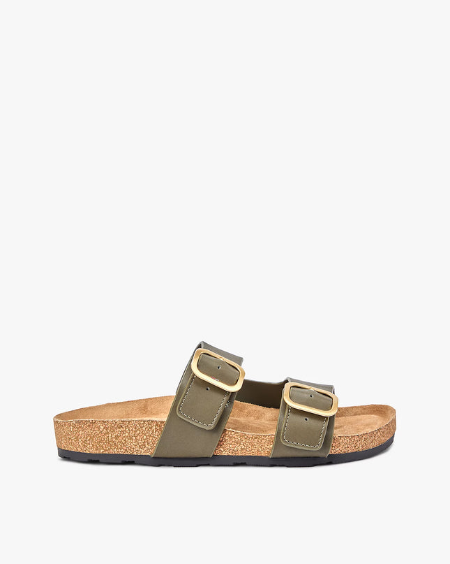 Leather Double Strap Cork Sandals - Platinum Olive