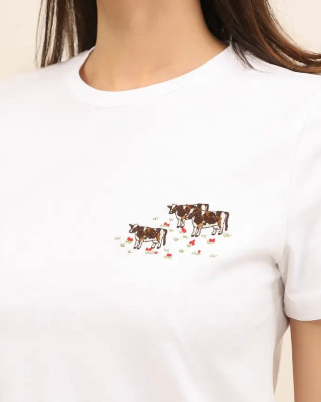 Lila Cow Embroidered Tee - White