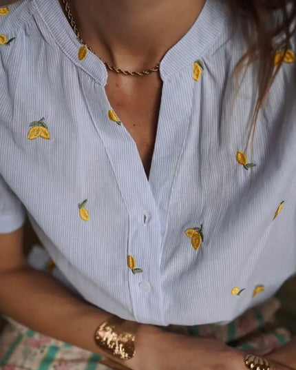 Dina Lemon Embroidered Short Sleeve Blouse - Blue