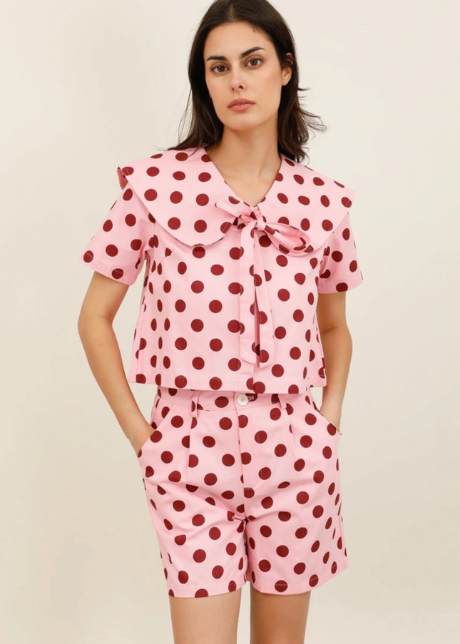 Lana Retro Polka Dot Peter Pan Top - Pink