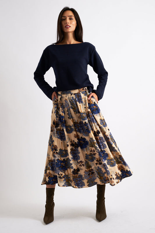 Lizea Forestscape Print Midi Skirt - Navy