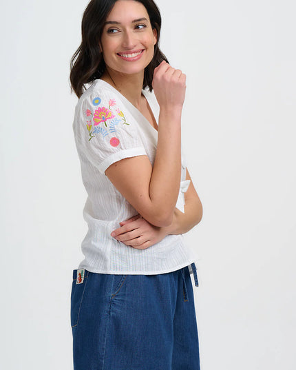 Adaline Bow Top - Off-White, Folk Floral