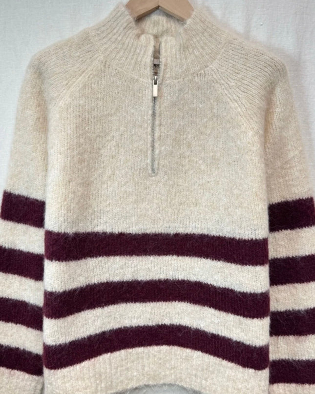 Mia Half Zip Sweater with Contrasting Stripes - Taupe/Burgundy