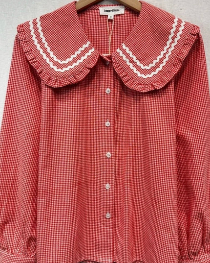 Mia Scalloped Peter Pan Collar Blouse - Red Gingham