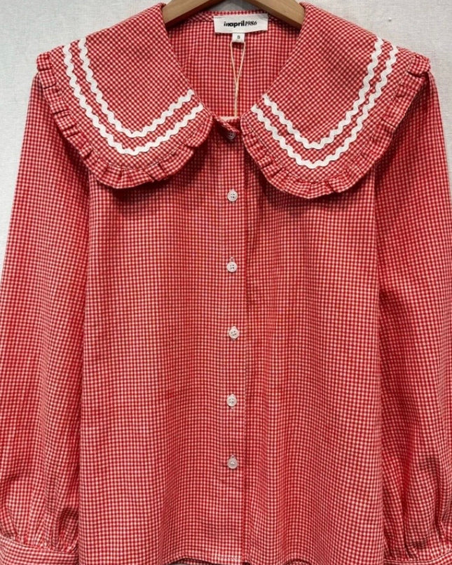 Mia Scalloped Peter Pan Collar Blouse - Red Gingham