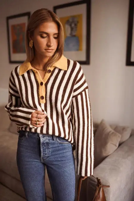 Rachel Retro Chunky Knit Polo - Chocolate/Yellow