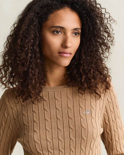 Stretch Cotton Cable Knit Crew Neck Sweater - Warm Khaki