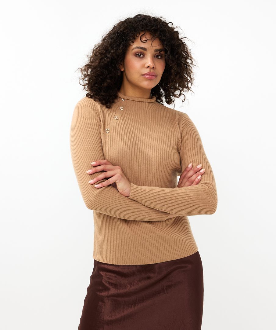 EsQualo - Assymmetrical Button Merino Sweater - Brandy