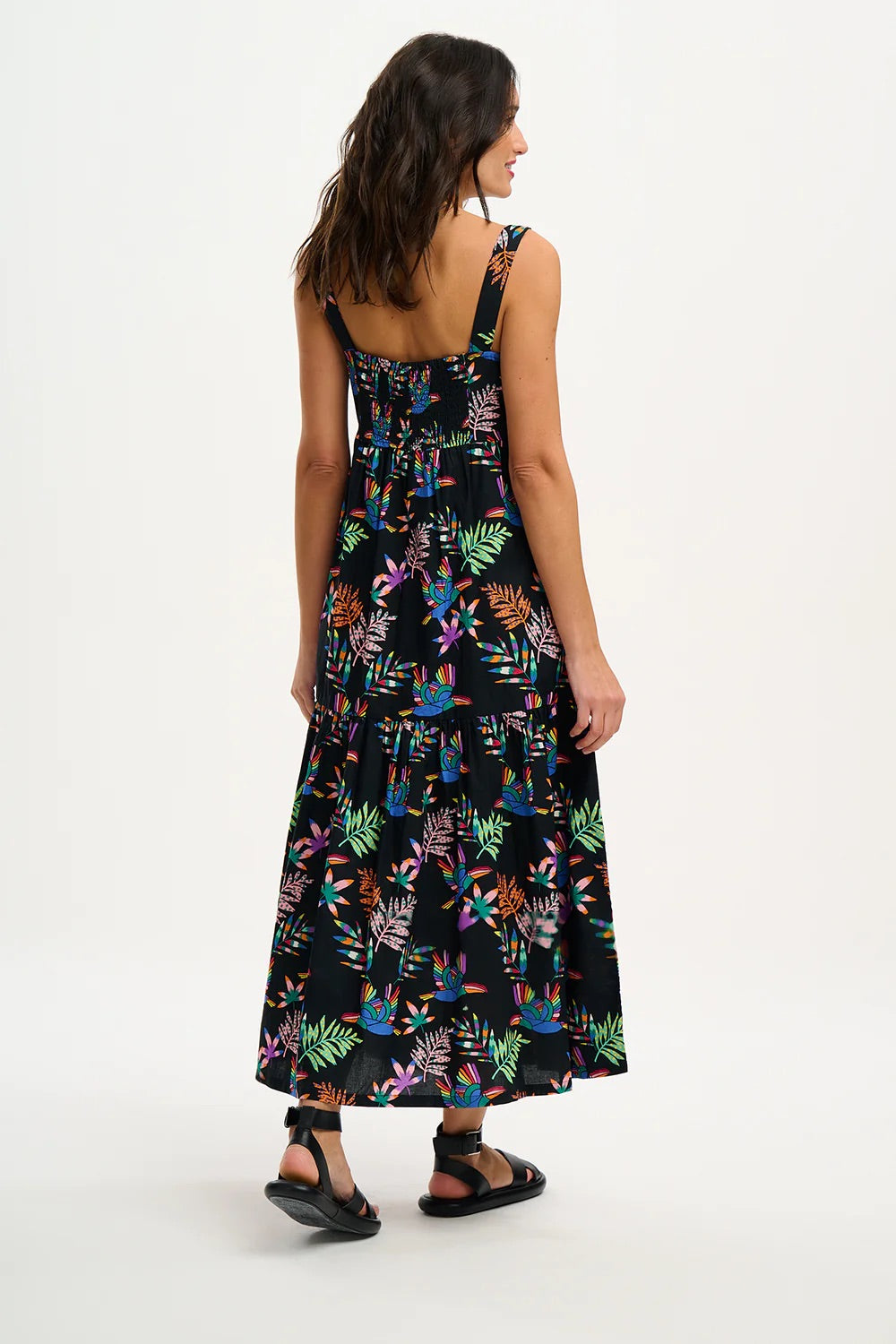 Charlotte Maxi Tiered Sundress - Black, Rainbow Toucans