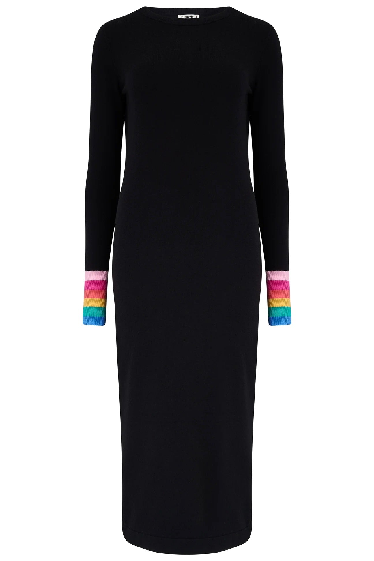 Sugarhill Brighton - Liselle Midi Knit Dress - Black, Rainbow Stripe Cuffs