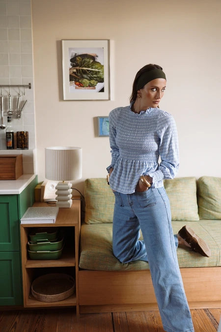 Margot Smocked Geometric Blouse - Blue