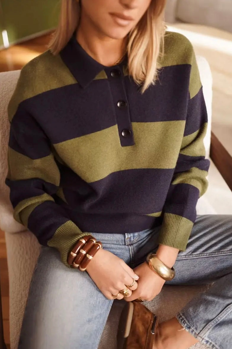Lara Bold Stripe Rugby Sweater - Khaki/Navy