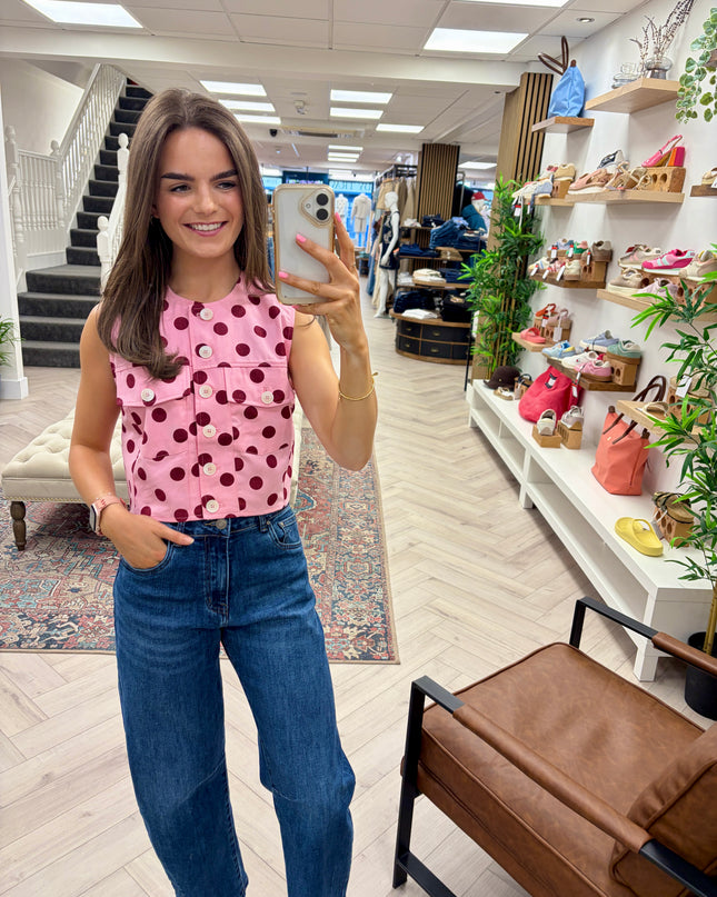 Lana Retro Polka Dot Button Top - Pink