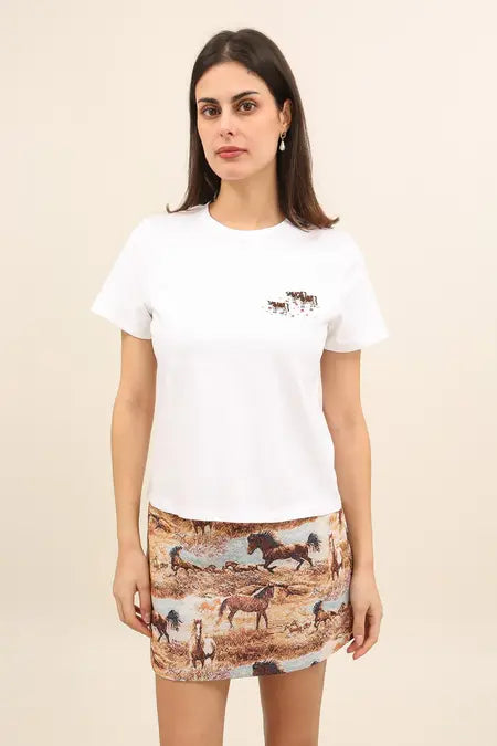 Lila Cow Embroidered Tee - White