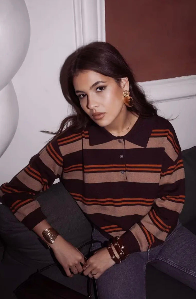 Niamh Knit Rugby Polo - Camel Stripe
