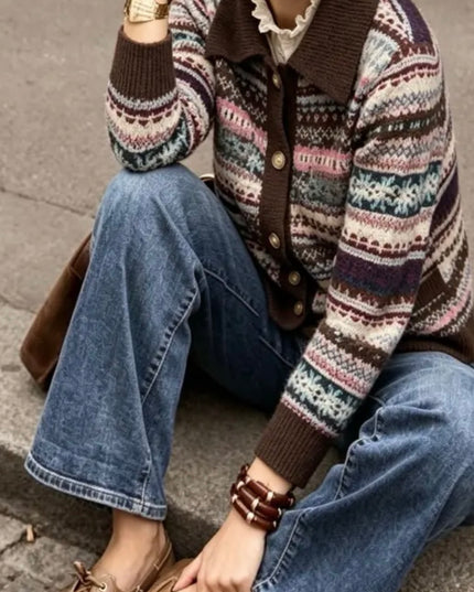 Susannah Jaquard Knit Polo Collared Cardigan - Brown