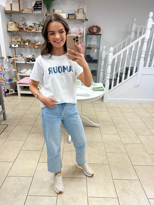 EsQualo - Patched Denim Print Amour T-Shirt - White