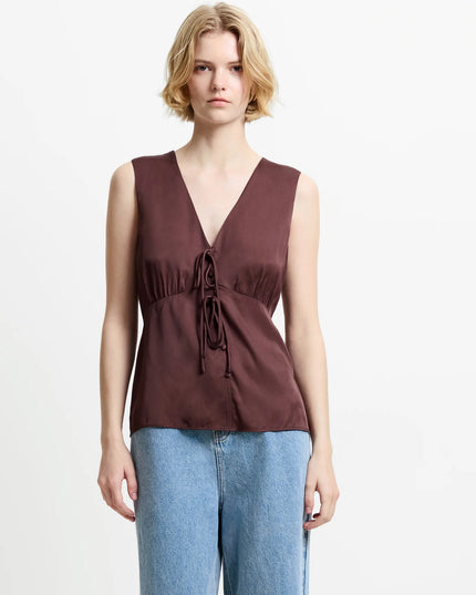 Candice Satin Bow Tie Top - Espresso Brown