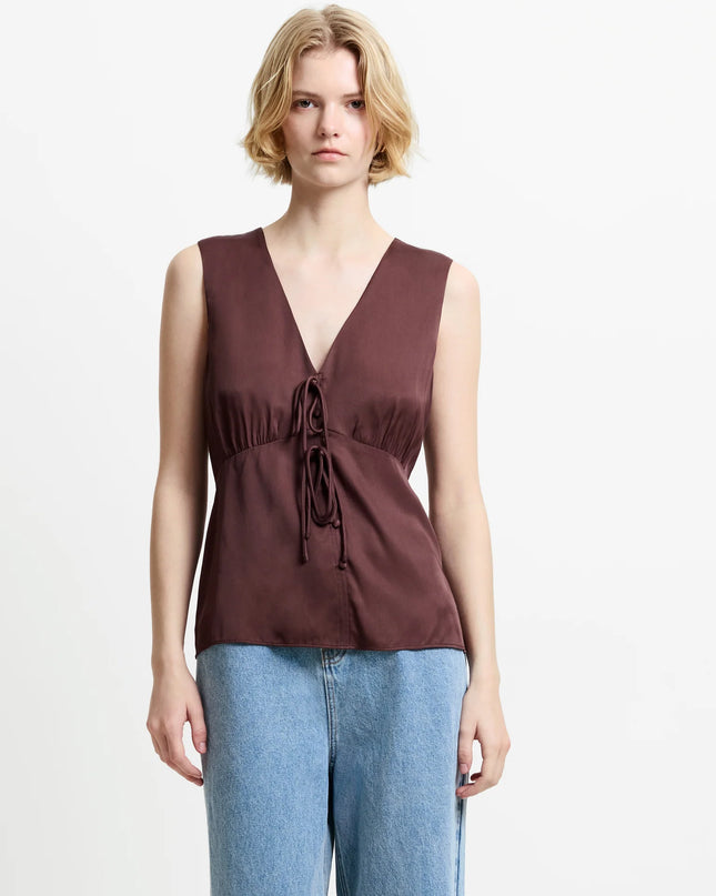 Candice Satin Bow Tie Top - Espresso Brown