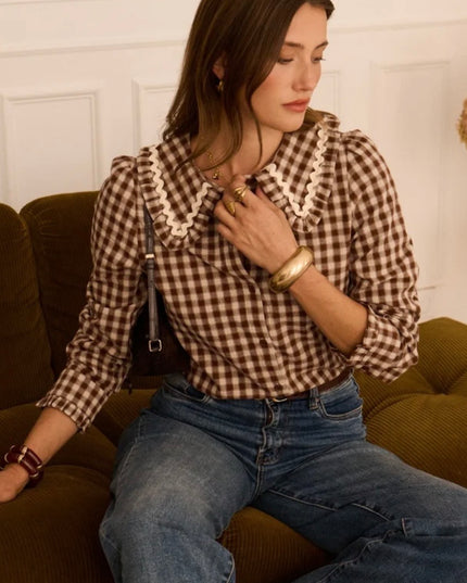 Camille Gingham Collared Blouse - Brown