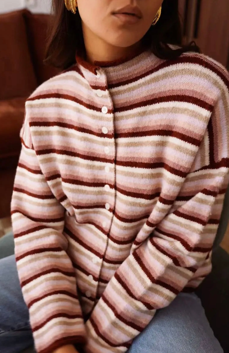 Anna Retro Stripe High Neck Cardigan - Burgundy