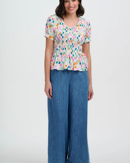 Molly Shirred Top - Off White, Fruit Checkerboard