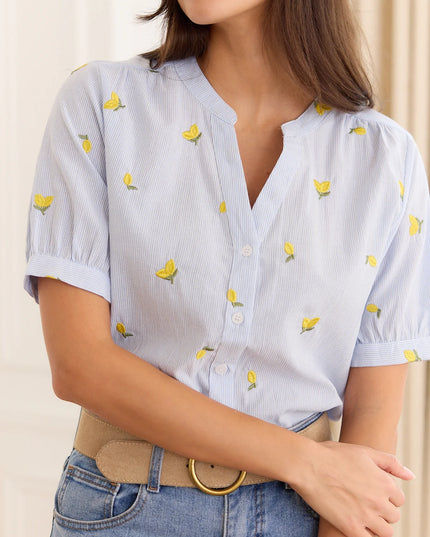 Dina Lemon Embroidered Short Sleeve Blouse - Blue