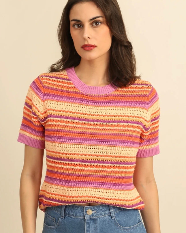 Eva Crochet Stripe Short Sleeve Sweater - Pink