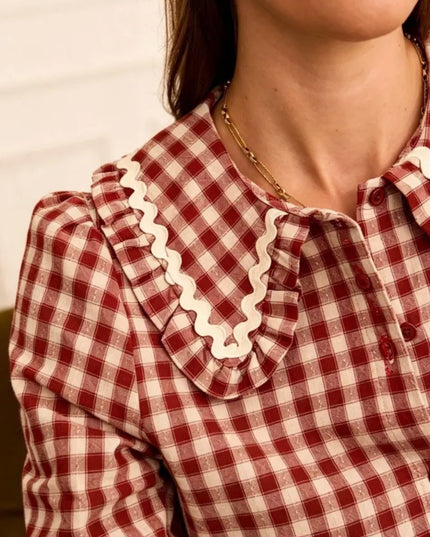 Camille Gingham Collared Blouse - Burgundy