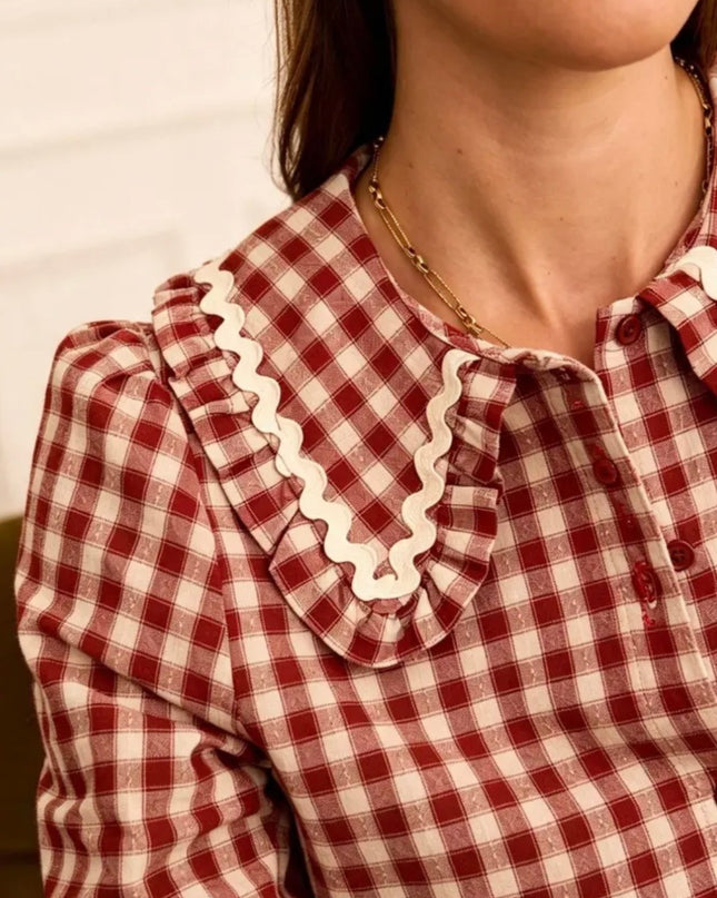 Camille Gingham Collared Blouse - Burgundy