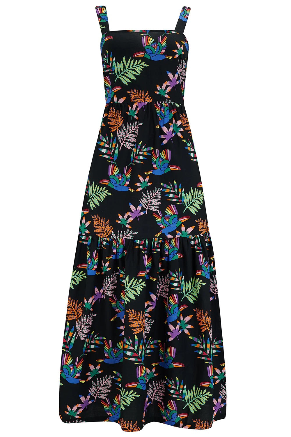 Charlotte Maxi Tiered Sundress - Black, Rainbow Toucans