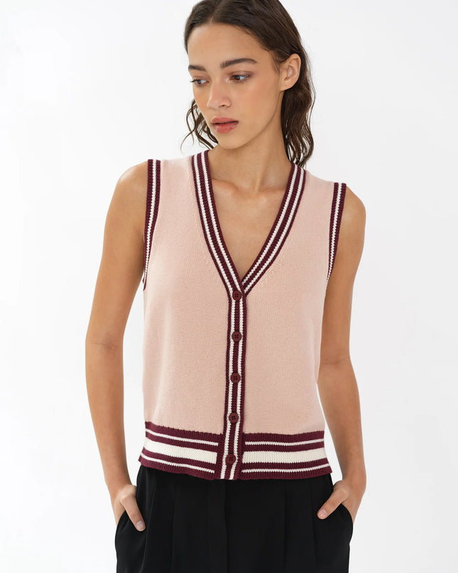 Junie Knit Button Through Vest - Berry Red/Powder Pink