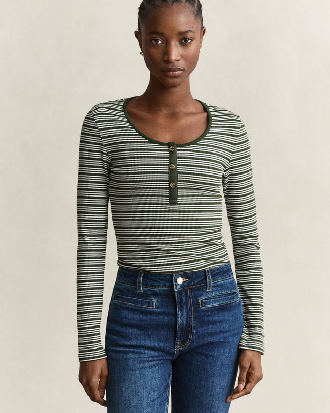 Ribbed Long Sleeve Henley Top - Mossy Green