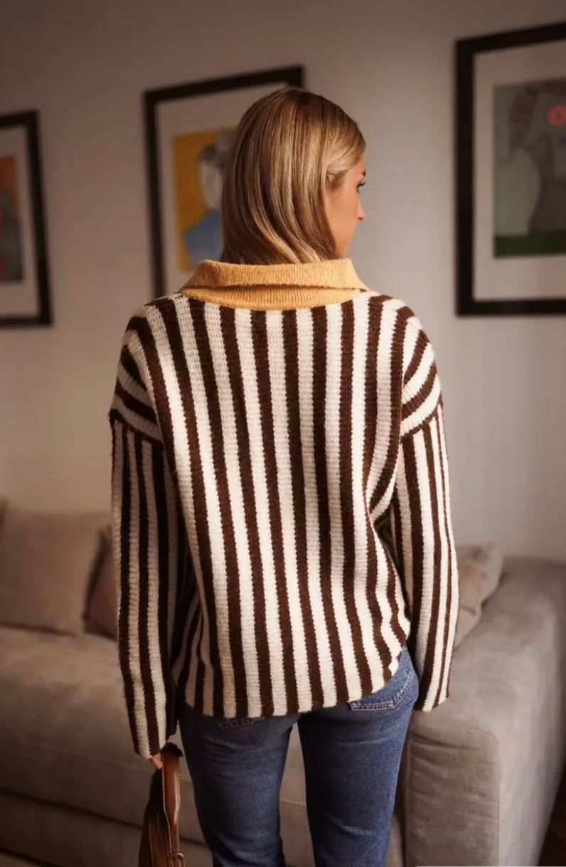 Rachel Retro Chunky Knit Polo - Chocolate/Yellow